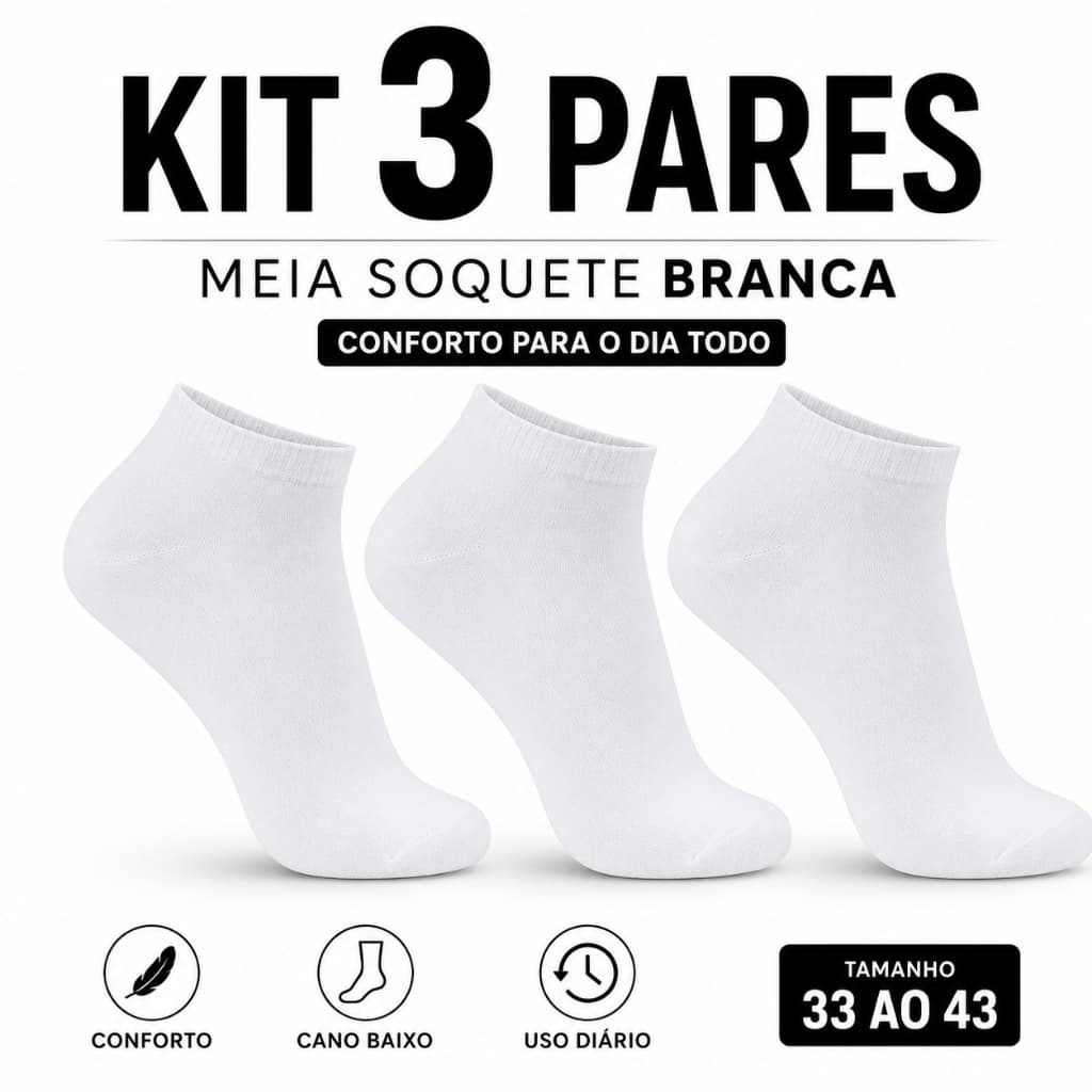 Kit 3 Pares Meia Soquete Branca Unissex Algodão Cano Baixo Confortável Academia Trabalho