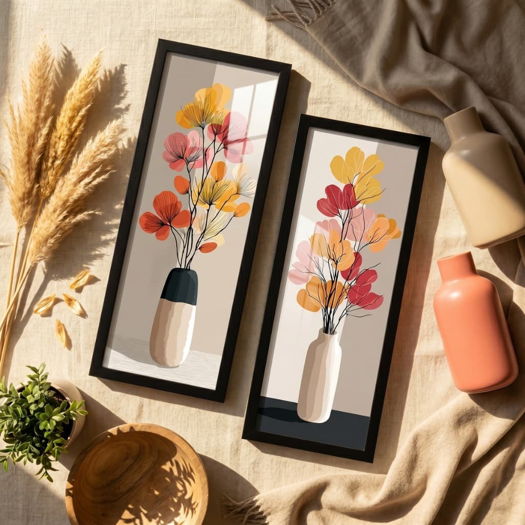 Kit 2 Quadros Decorativos Vasos Floridos Flores Bege Floral Sala Quarto Hall Elegante 18x45 cm