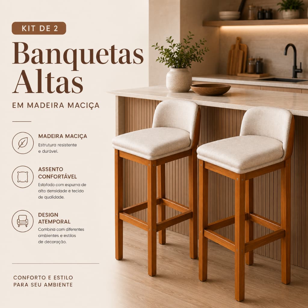 Kit 2 Banquetas Onix Estofado Churrasco Balcão Luxo Moderna Resistente Madeira Bancada Cozinha