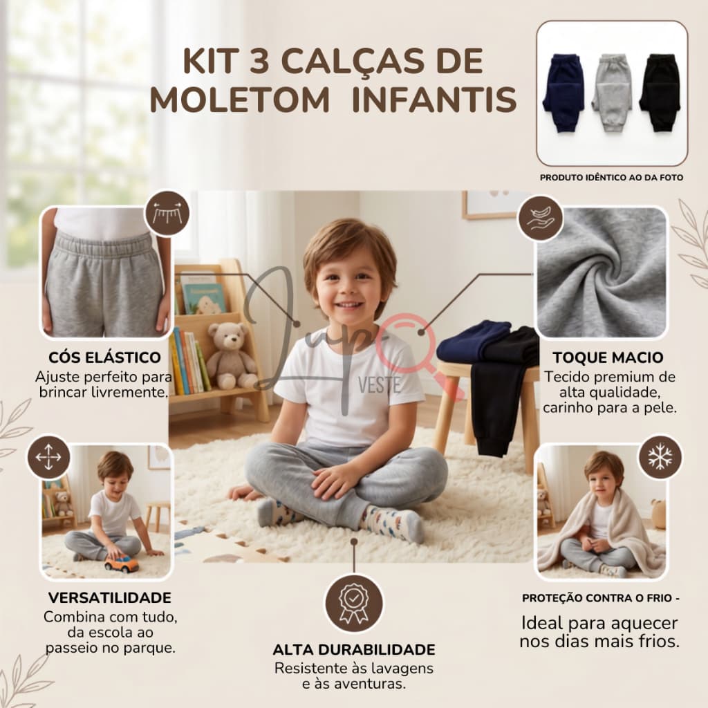 Calças 3 Kit Em Moletom Infantil Menino Unissex Confortavel Grosso Peluciado Inverno Menina