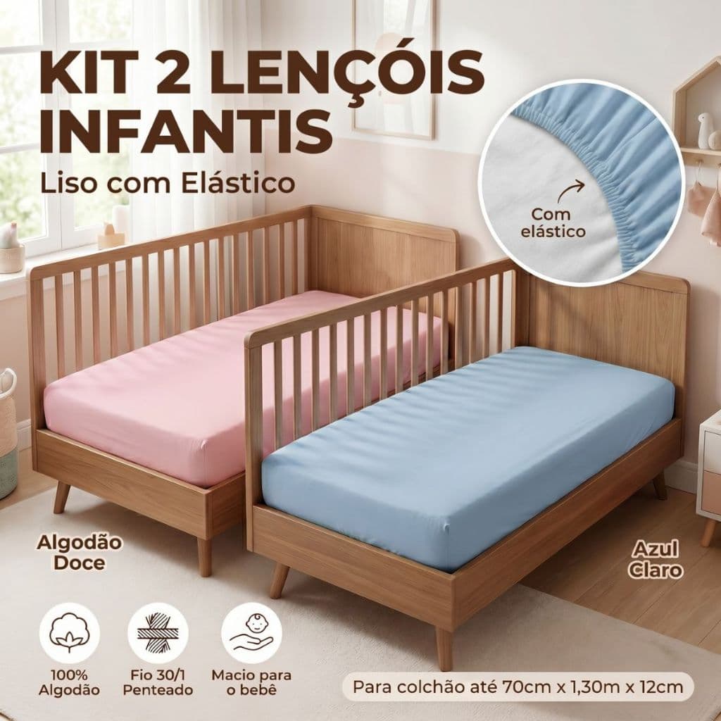 Kit 2 Lençol Infantil Berço Americano Fio 30/1 Liso Penteado Com Elástico 70x130cm Menina Menino