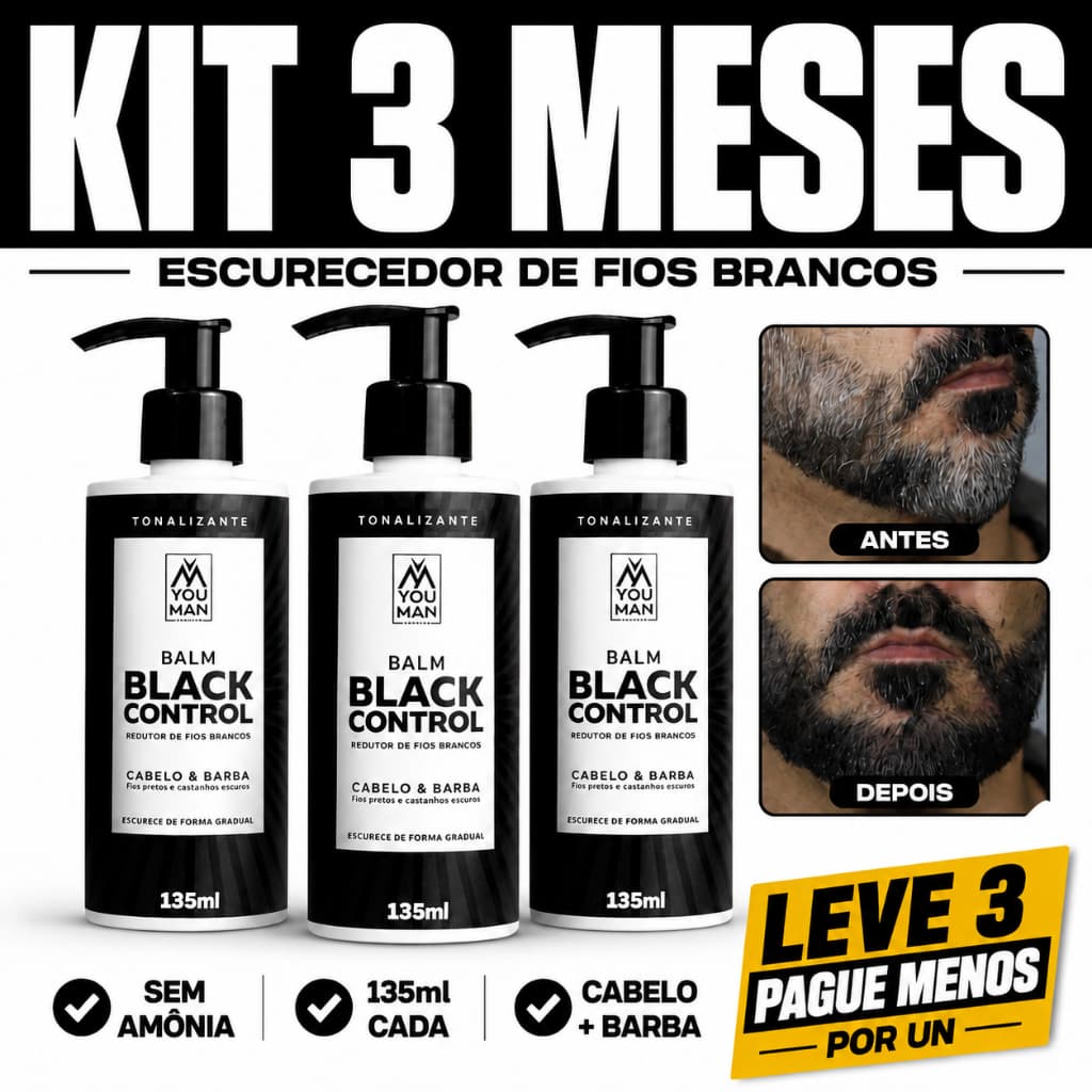 Kit 3 Unidades Escurecedor Balm Black Control Barba e Cabelo Masculino 135ml Reduz Fios Brancos YMG