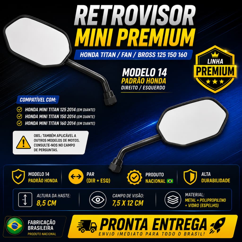 Par Retrovisores Espelhos Mini P/Motos Honda Fan 125 Titan 125 150 160 Bross Biz