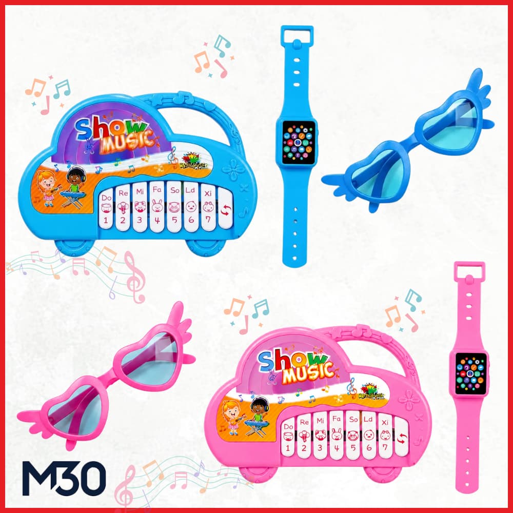 Piano Musical Infantil Art Brink AZUL + Óculos e Relógio – Brinquedo Sonoro
