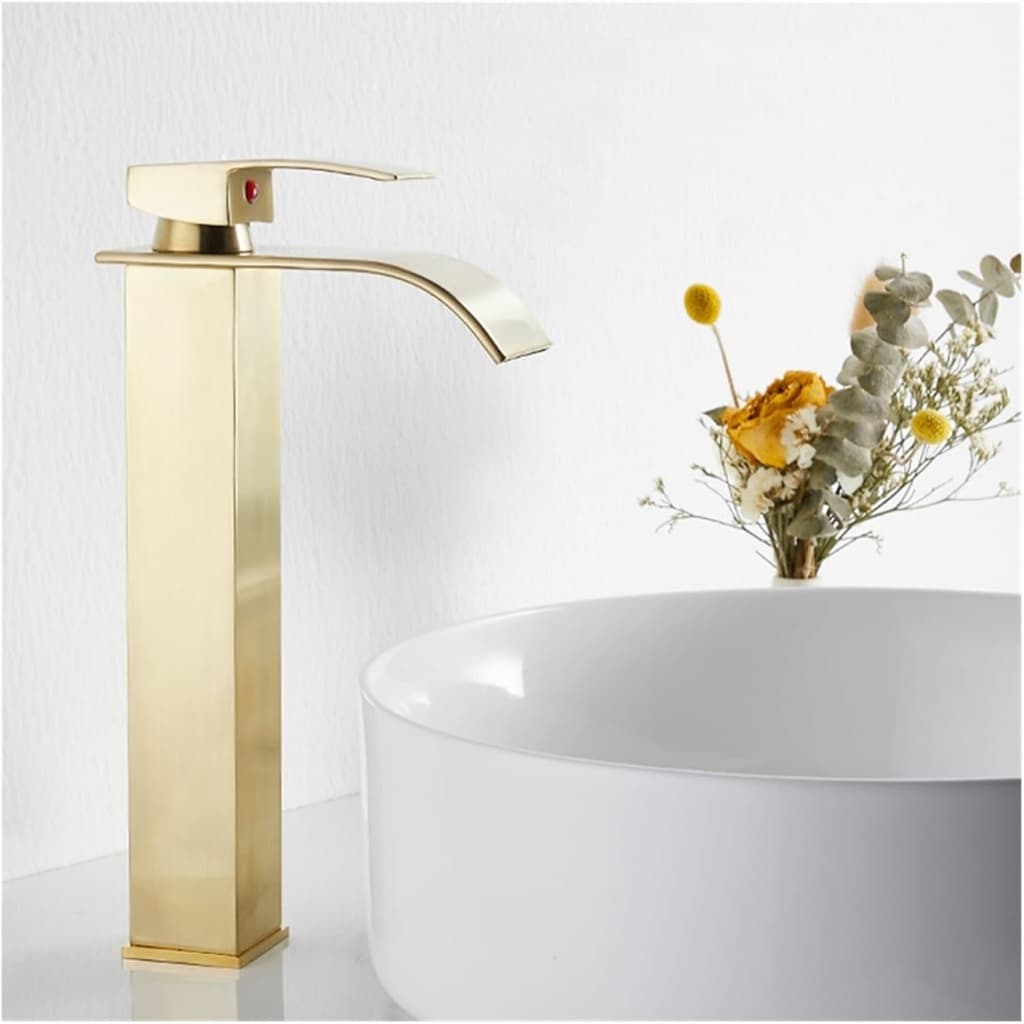 Torneira Cascata Alta Dourada Monocomando, Misturador Quente e Frio Inox com Mangueiras