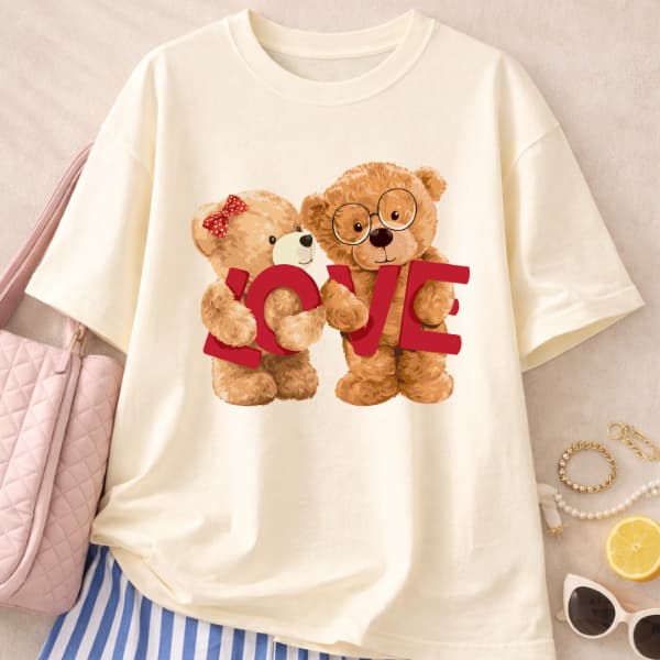 Camisetão Feminino Oversized Estampa Urso Love Amor Parceiro 100% Algodão Casual Pijama