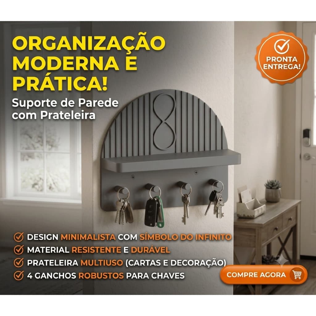 Porta Chaves de Parede com Prateleira - Símbolo Infinito Moderno Decoração