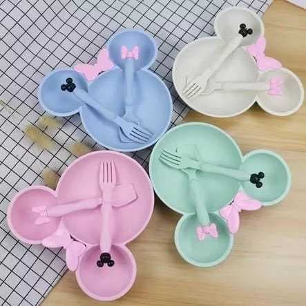 Prato Infantil Minnie Mickey Colorido Com Divisórias + Talheres Plástico Orgânico Ecológico Crianças