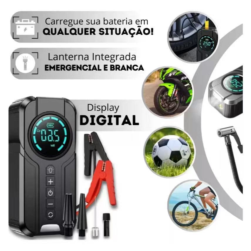 Bomba De Ar Portátil 4 Em 1 Power Bank 8000mAh + Auxiliar De Partida Inflador Digital 12V Carro Moto Bicicleta Pneus
