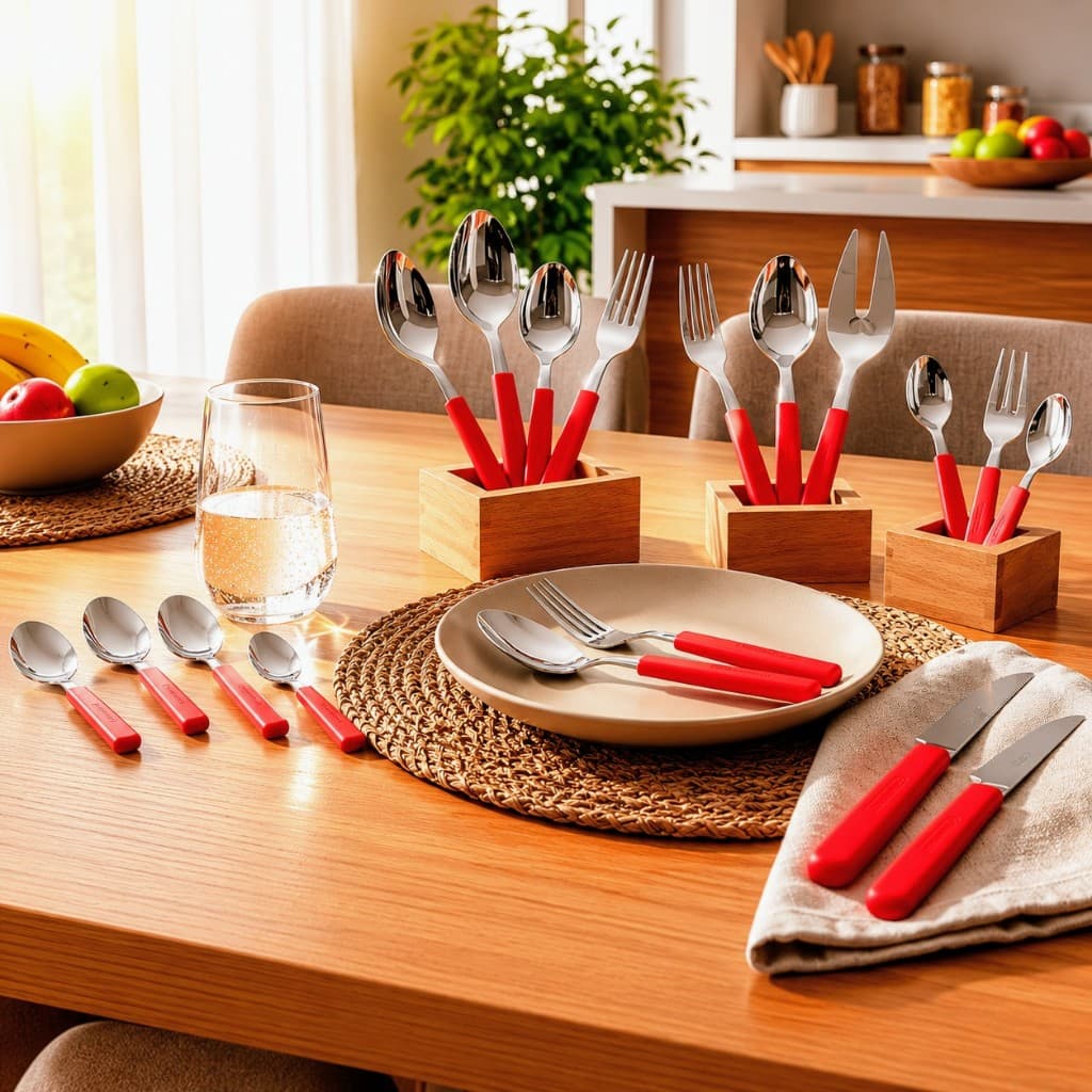 Jogo de Talheres 42 Peças Aço Inox Vermelho New Caprese Faqueiro Completo Mesa e Sobremesa