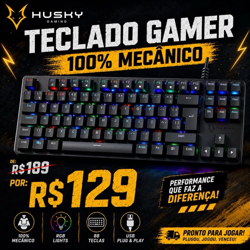 Teclado gamer 100% mecânico RGB Husky Gaming