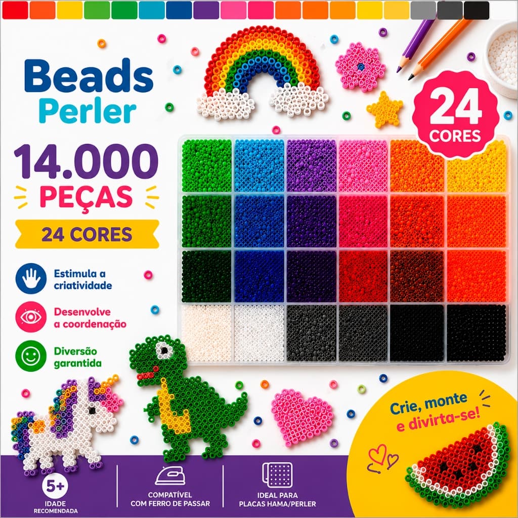 Kit Hama Beads Perler 14.000 Peças 24 cores 2.6mm Com Pegboar e Pinças