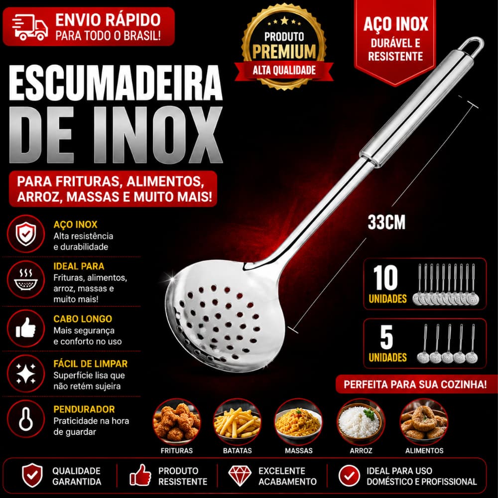 Conjunto de 10  e 5 Escumadeira De Inox Para Frituras Alimentos Arroz Massas Cozinha 33cm Sq 3721