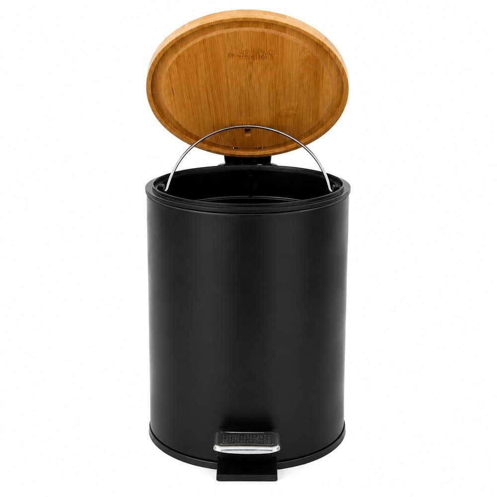 Lixeira Preta Fosca Com Tampa De Bambu 5L Balde Interno Minimalista Escandinava