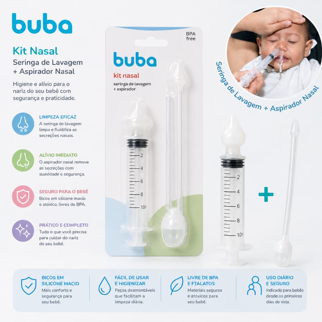 Kit Aspirador Sucção e Seringa Lavador Nasal Buba