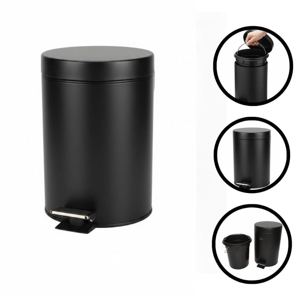 Lixeira Redonda Inox Com pedal e Cesto Removível 3 litros / Lixeira Inox Preta para vários ambientes