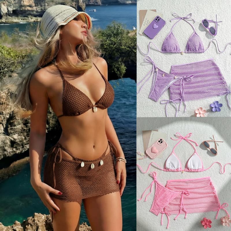 Conjunto Biquíni 3 Peças Malha Vazada Com Bojo Saia de Praia Novo Biquíni Bikini Maiô Feminino