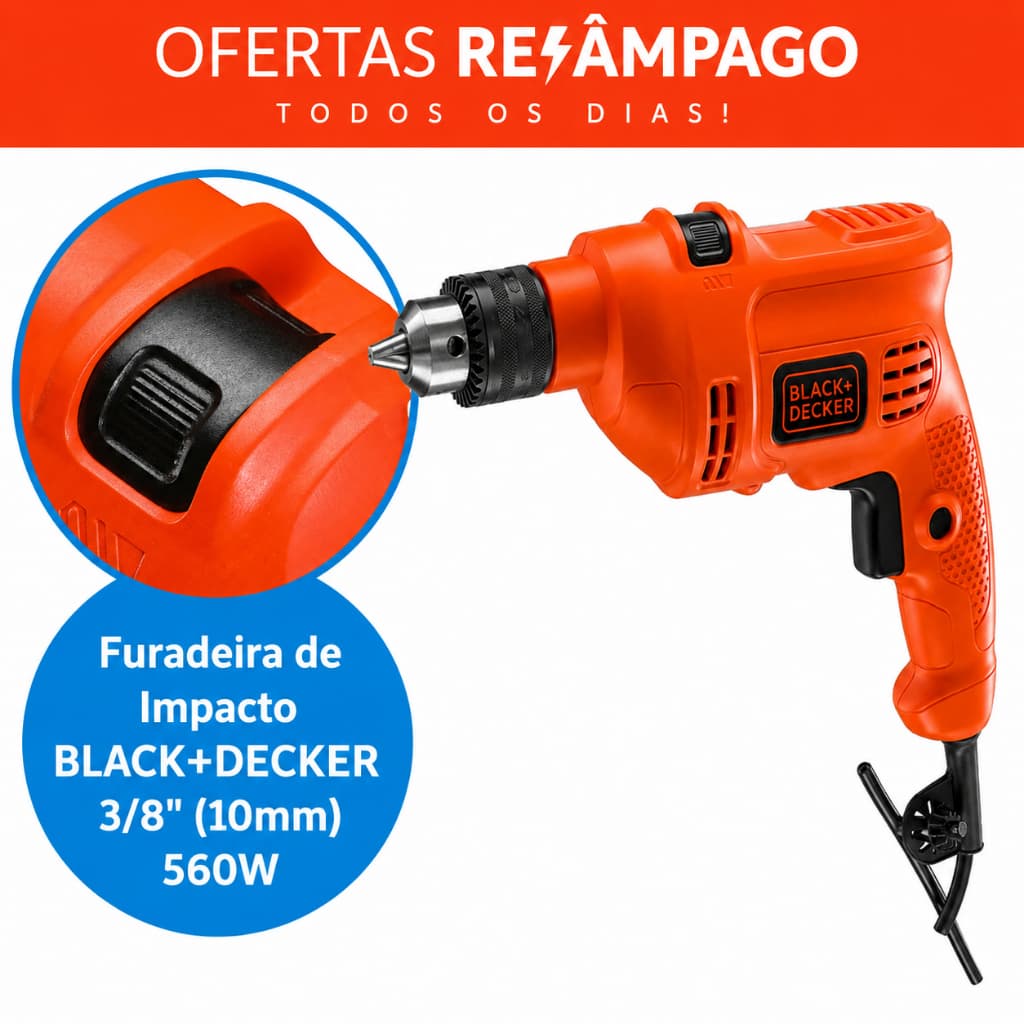 Furadeira de Impacto BLACK+DECKER 3/8" (10mm) 560W TM500 - 127v