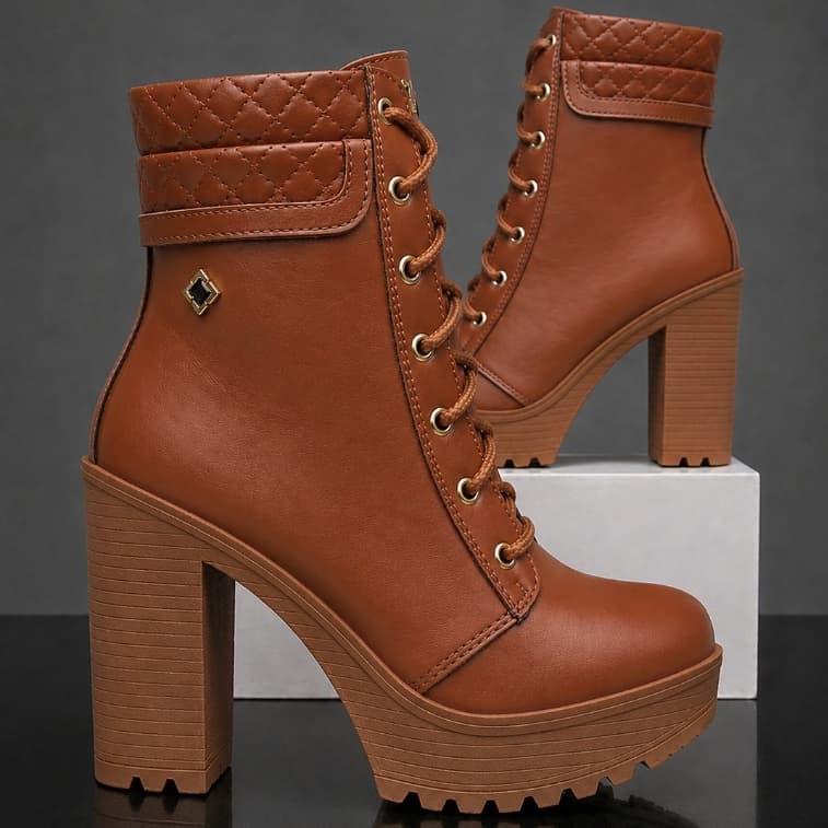 Coturno Bota Feminina Salto Bloco Alto Cano Medio Confortavel WorldBoot Lançamento Tendência Marrom
