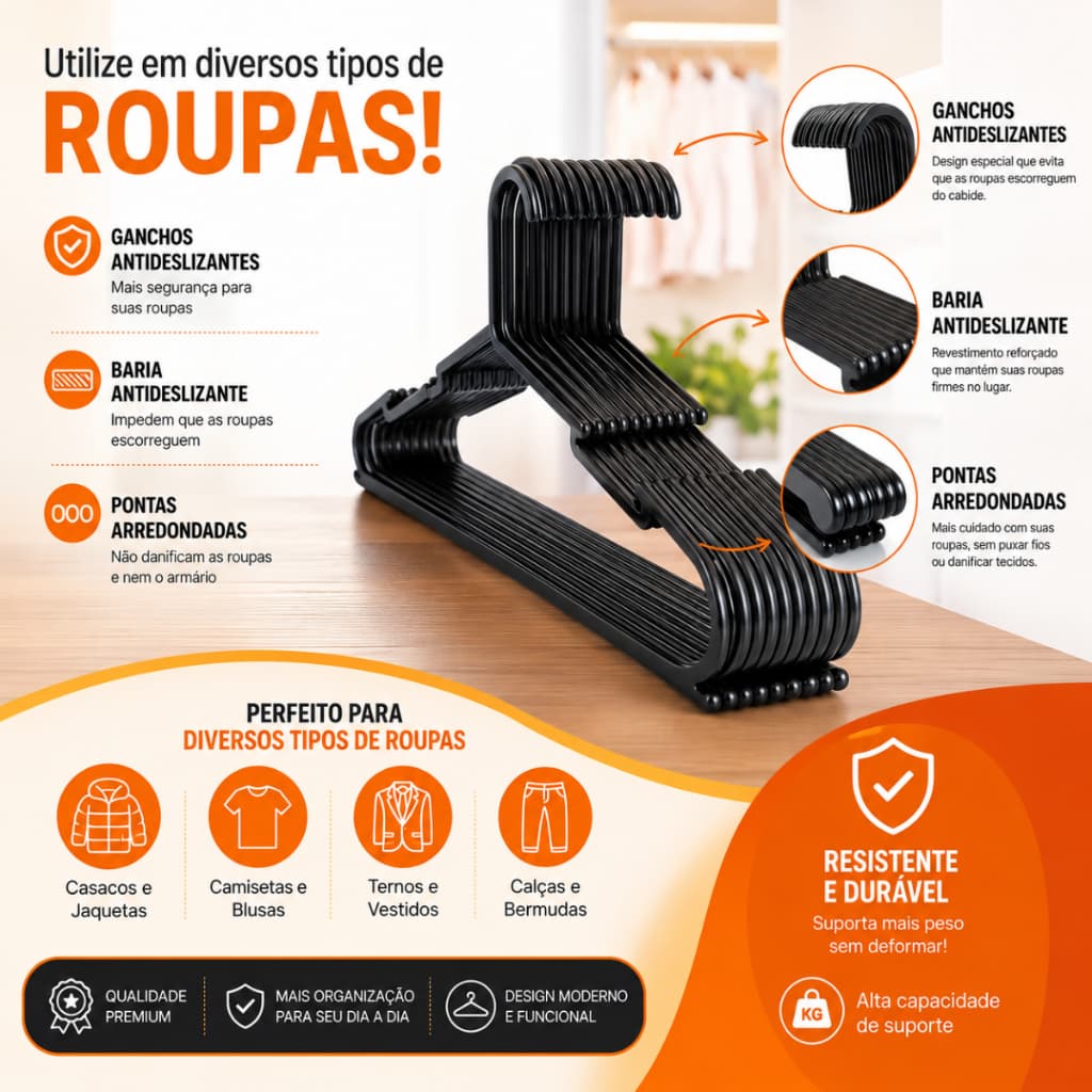 Kit 30 Cabides Preto Reforçado Adulto Linha Premium Com Cavas Loja ou Casa