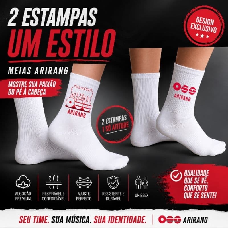 Kit 3 Pares de Meias Cano Alto Arirang K-Pop Unissex Algodão Premium Confortável