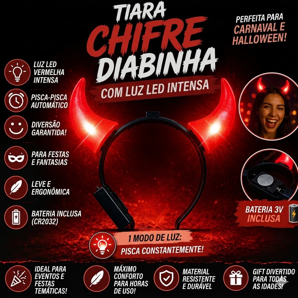 kit Tiara Chifre Diabinha Com Luz Led Carnaval E Halloween festa luzinha luz led