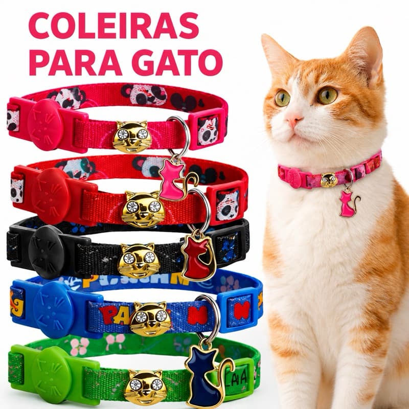 Conj 3 Coleiras Gato Ajustável Elástica Anti Enforcamento Pingente Fofo Segurança Pet Cores Variadas