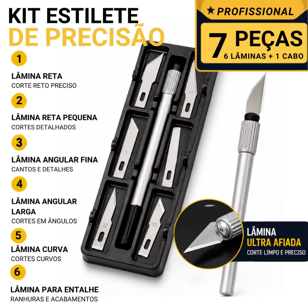 Estilete Bisturi de Precisão Base + 6 Laminas Bisturi de Precisão - Artesanato Corte Preciso