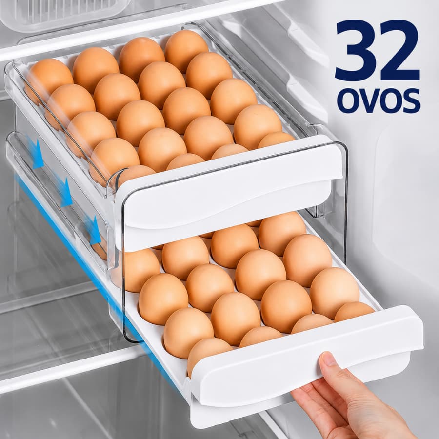 Gaveteiro Duplo em Plástico Tipo Porta 32 Ovos com Gaveta para Cozinha Geladeira