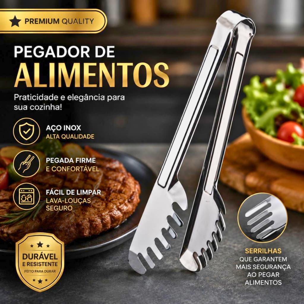 Pegador de Massas Alimentos 20cm Aço Inox Pinça Multiuso para Massa Macarrão Salada Churrasco Utensilio Cozinha