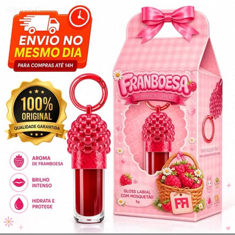 Gloss Labial Framboesa com Pingente By Fran | Brilho Intenso | Efeito espelhado