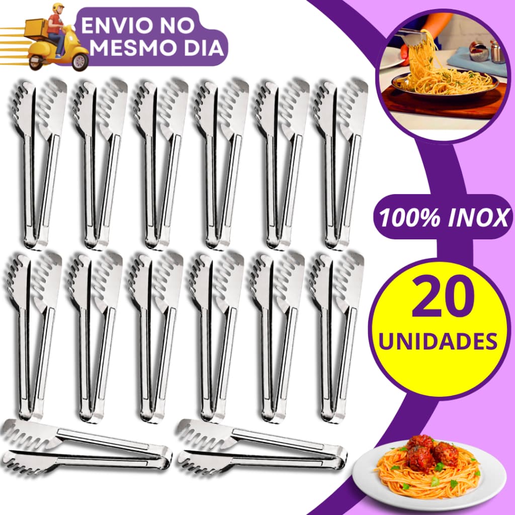 KIT 10/20 Pegador de Massas Alimentos 20cm em Inox Pinça Multiuso para Massa Macarrão Salada Churrasco Cozinha