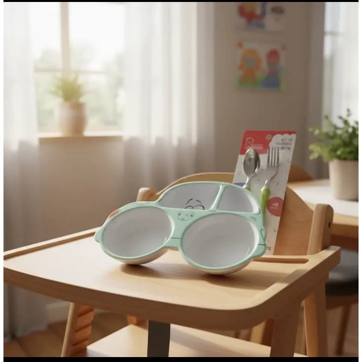 KIT REFEIÇAO INFANTIL PRATO CARRINHO + COLHER+ GARFO COR VERDE, 4 DIVISORIAS MELANINA.
