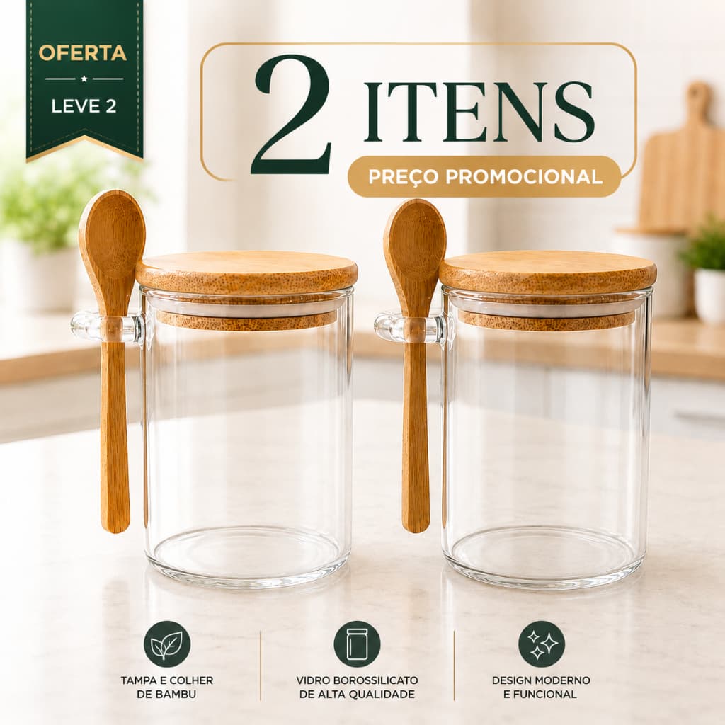 Kit 2 Potes Vidro Borossilicato Tampa de Bambu com Colher 450ml Açúcar Café Chá Condimentos