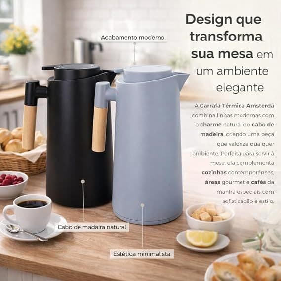 Garrafa Termica Design Madeira Capacidade 1L Conserva Temperatura Alta Durabilidade Quente Frio