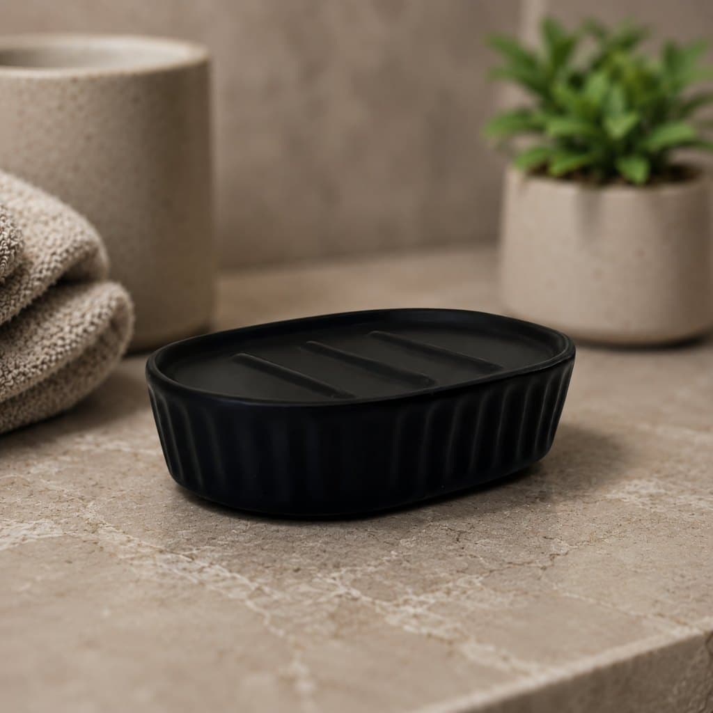 Saboneteira Porta Sabonete Cerâmica Listrada Preta Elegante Bancada Banheiro Lavabo - Oikos