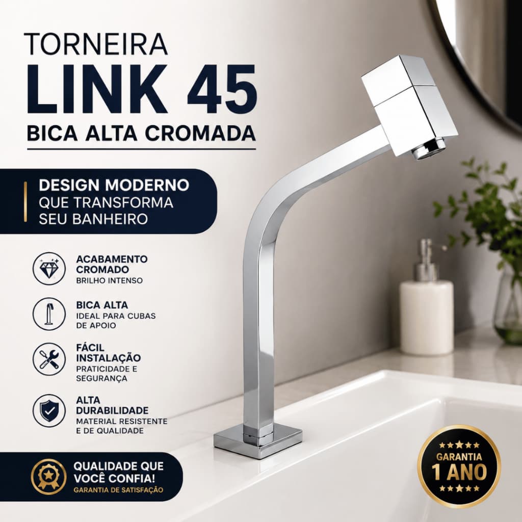 Torneira Inox Banheiro Bica Baixa Cromada Link 45 Para Cuba De Apoio Mesa Luxo Premium