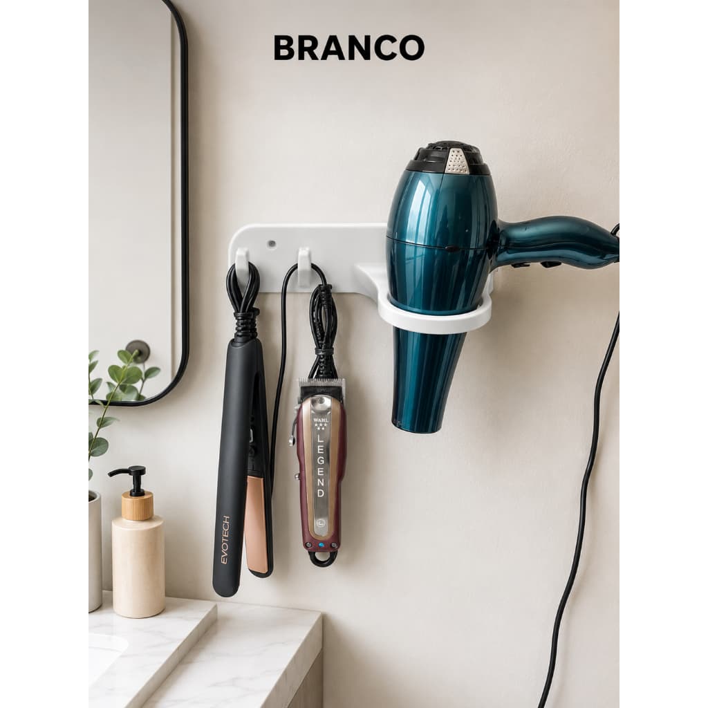 Suporte de Parede para Secador de Cabelo e Chapinha Sem Furo - Organizador Banheiro Salão 4 em 1 Economiza Espaço
