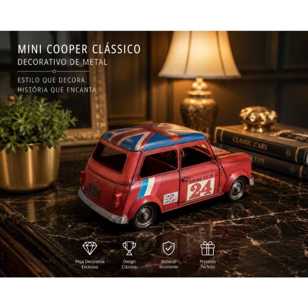 miniatura carro decoração  vintage em metal mini cooper vermelho com bandeira Inglaterra