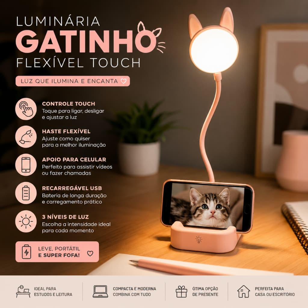 Luminaria Flexível Mesa Touch Gatinho Apoio Celular Recarregavel USB