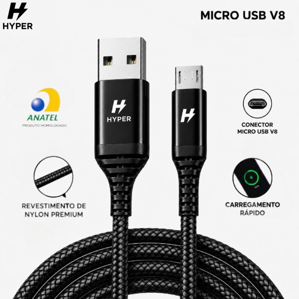 Cabo USB V8 Carregamento Rápido Standard Micro USB Reforçado Hyper Envio Imediato