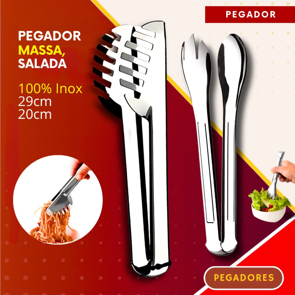 Kit 2- Pegador de Massa e Salada Aço Inox para Servir Macarrão Cozinha Restaurante e Buffet