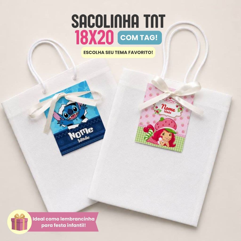 Kit 10/20/30 Saquinho de TNT 18x20 Com Fita Lembrancinha Presente Festa Aniversário Infantil Com Tag Personalizada