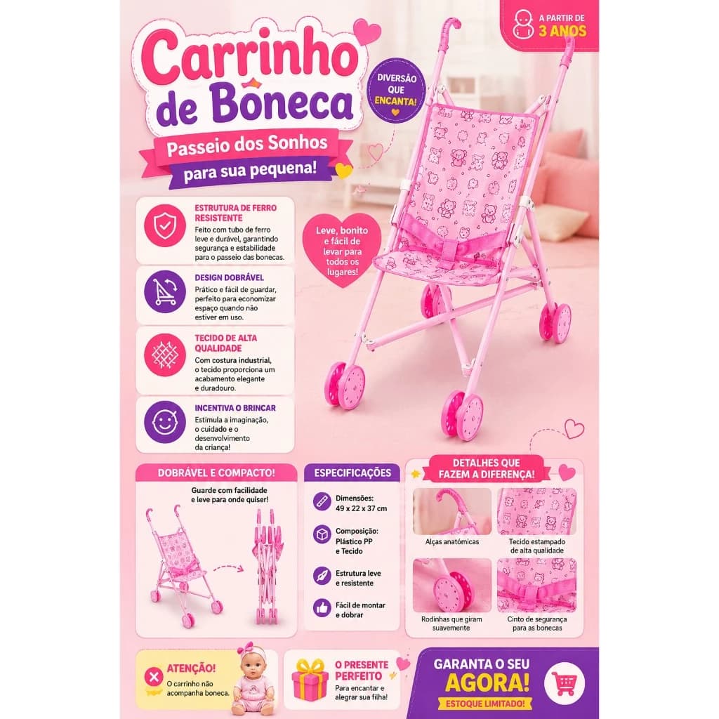 Carrinho De Boneca Brinquedos Bebe Menina Infantil Luxo Carrinho De Boneca Passeio Luxo Bebê Reborn