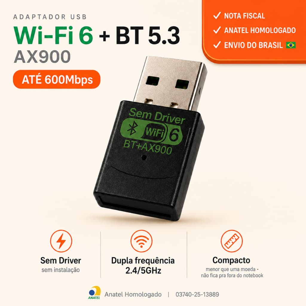 Adaptador WiFi Bluetooth USB AX900 Wi-Fi 6 BT 5.3 Dual Band 5GHz Dongle PC Notebook C/ NOTA FISCAL