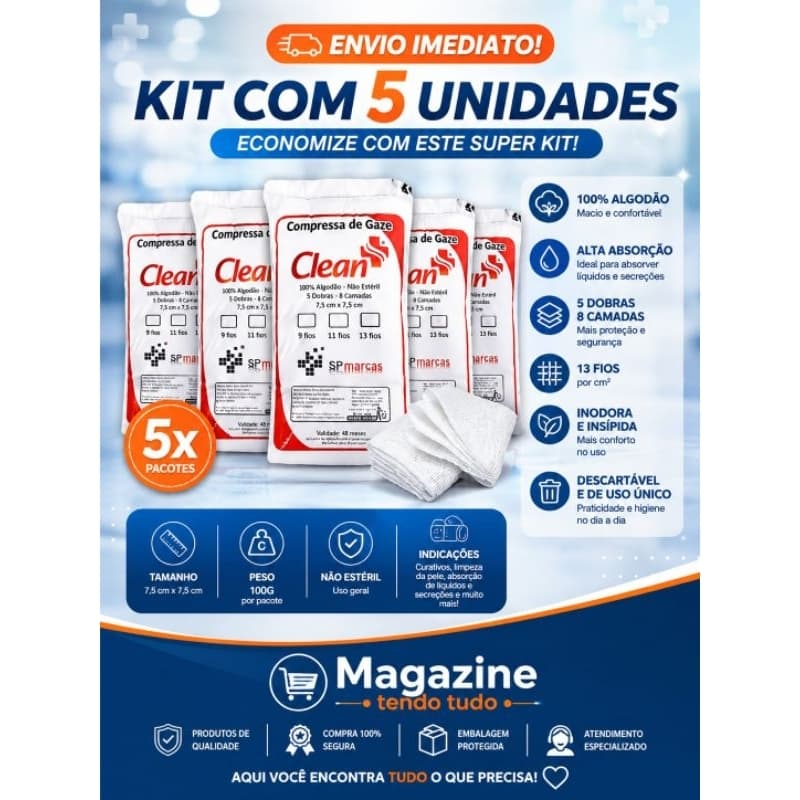 📦 Kit com 5 Pacotes de Compressa de Gaze Hidrófila 13 Fios(100g cada ) – Clean