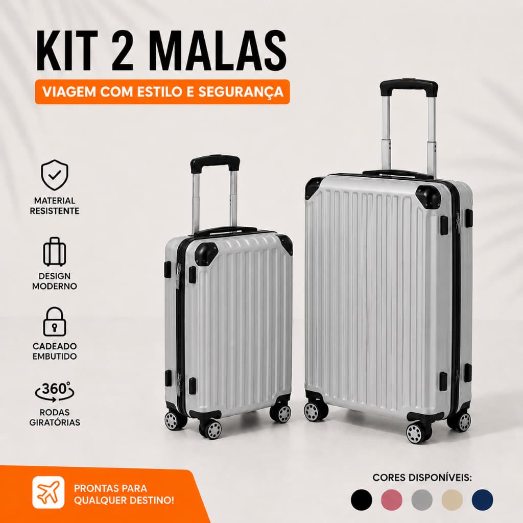 Conjunto 2 Mala De Viagem Bordo Pequena + Média Despacho Zíper Expansível Rodinhas 360 Removíveis