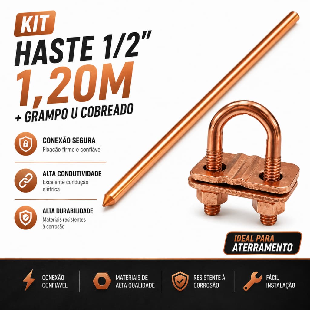 Haste Aterramento 10mmx1,2m Cobre c/ Grampo U cobreado