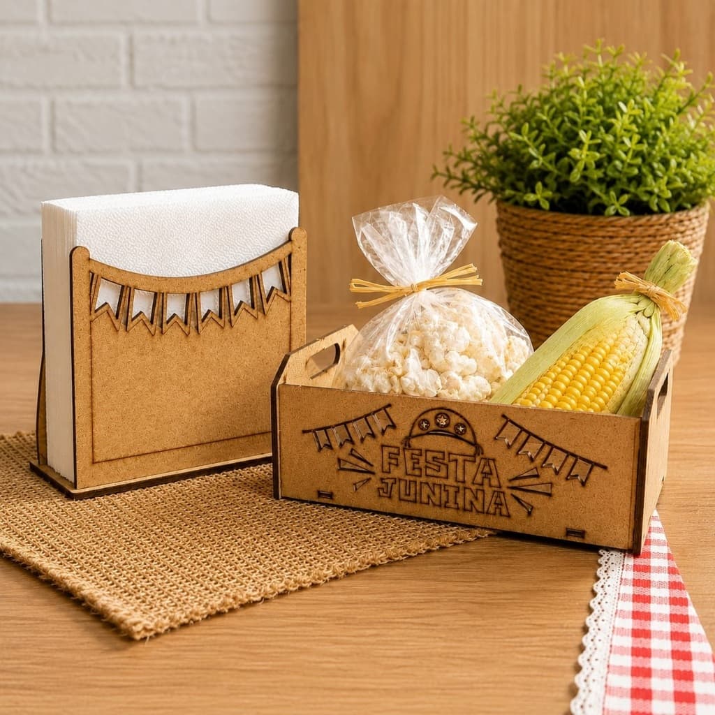 Kit 5 Caixotinho de Feira + 5 Porta Guardanapo Festa Junina Decoração Mesa Lembrancinha Mdf