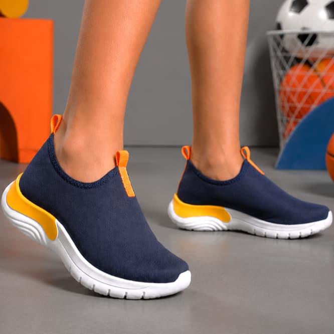 Tênis Infantil Masculino Calce Fácil Escolar Confortável Original Leve Macio Marinho/Laranja